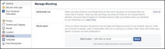 Screenshot stránky Spravovať blokovanie na Facebooku