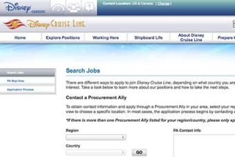 Екранна снимка на уебсайта за кариерата на Disney CRuise Lines