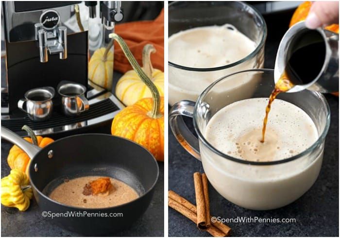 A imagem à esquerda mostra os ingredientes para o latte de especiarias de abóbora em uma panela e a imagem à direita mostra o latte de especiarias de abóbora em uma caneca transparente com café sendo derramado