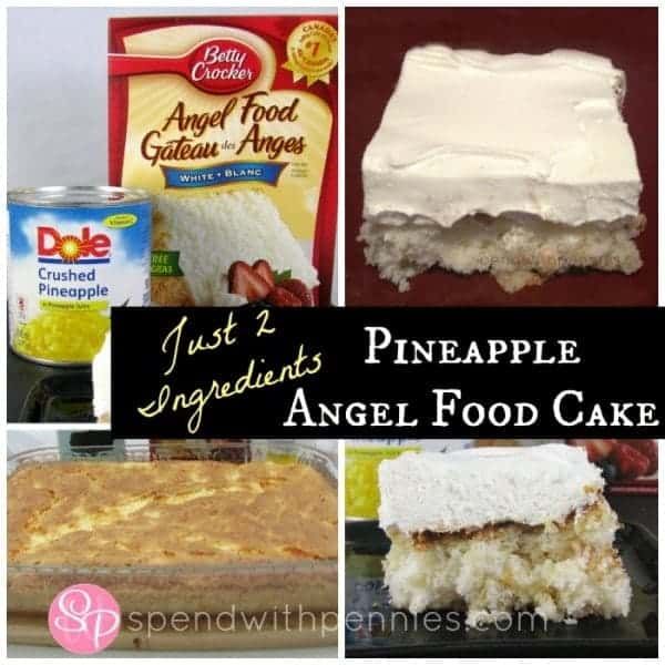 collage d'un tros de pastís de pinya de dos ingredients, llauna de pinya i paquet de pastís d'àngel i pastís sencer en un plat de vidre