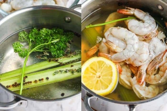 adicionando ingredientes para cozinhar coquetel de camarão