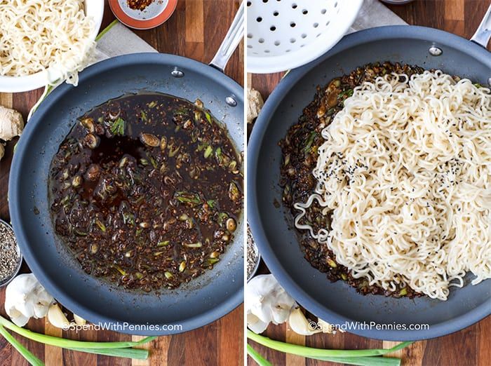 a imagem da esquerda é molho em uma panela para Sesame Ramen Noodles e a imagem da direita é molho e macarrão em uma panela para Sesame Ramen Noodles