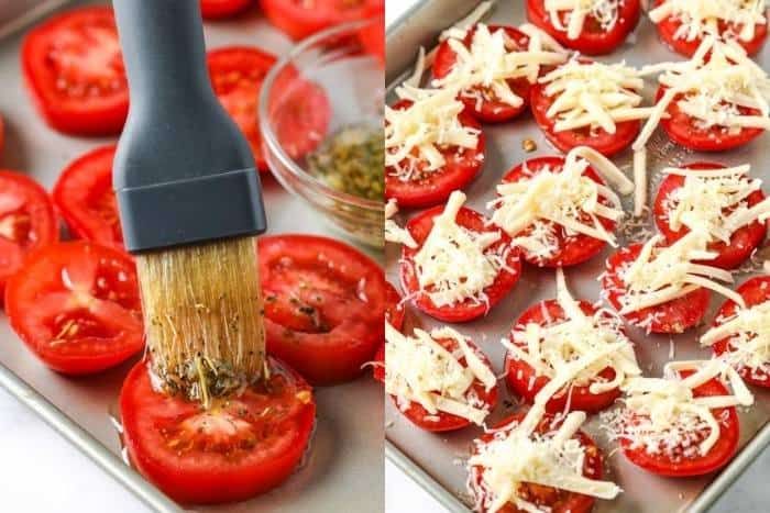 adicionando ingredientes para fazer tomates grelhados
