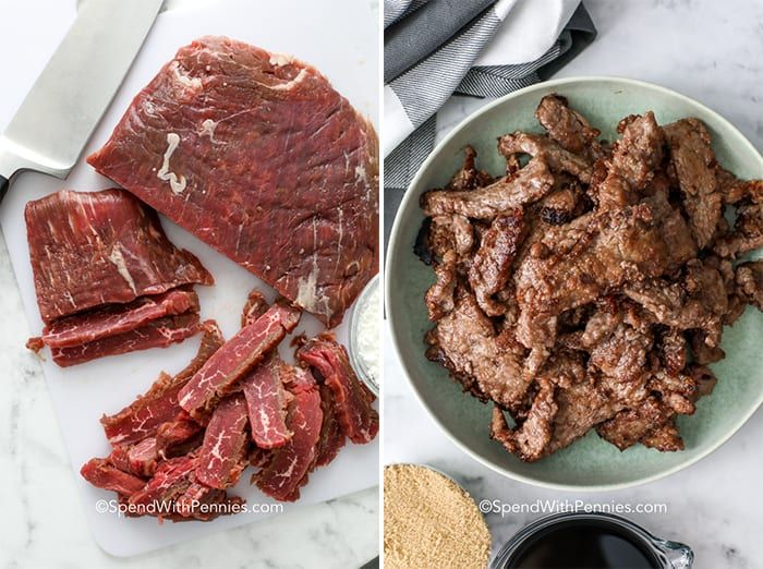 a imagem da esquerda mostra a carne crua em uma tábua de corte com uma faca e a imagem da direita mostra a carne cozida em um prato para carne da Mongólia