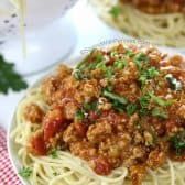 Kogt spaghetti på tallerken med hjemmelavet pastasauce på toppen